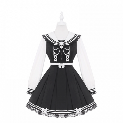 Jirai Bunny-Ear Lace Sailor with Dress White Long and Dress: Trim Kawaii Black Kei Collar Sleeve
