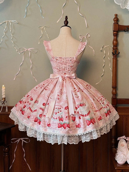 Süßer Kuchenpullover mit Erdbeerdruck und Kleidrock, Lolita, Pink, süß