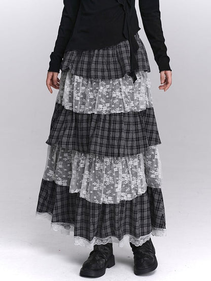 Tiered Skirt Black Layers White Maxi with Low-waist Plaid Lace