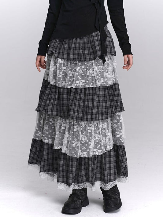 Tiered Skirt Black Layers White Maxi with Low-waist Plaid Lace