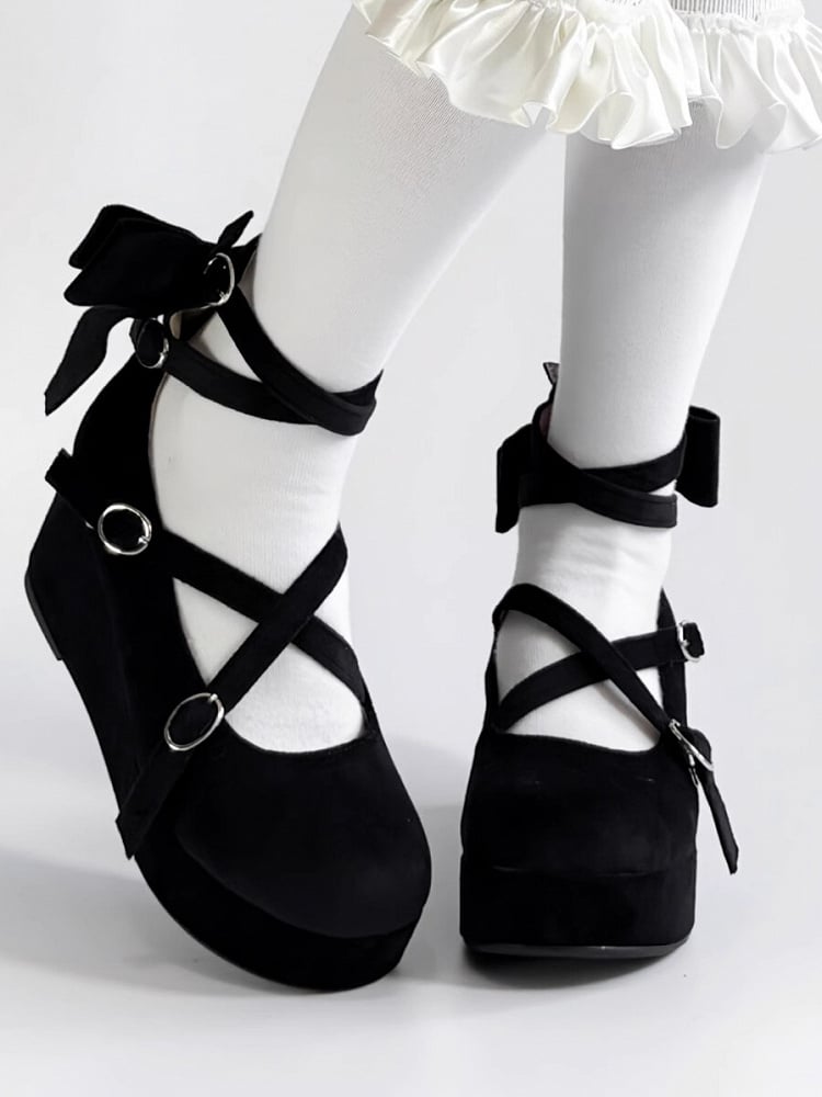 PU - Round Design Black Sweet Bow Wedge Crisscross Platforms Toe Accent