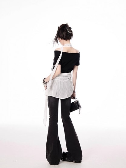 Y2K Black and White Letter Two-pieces Print Halter T-shirt