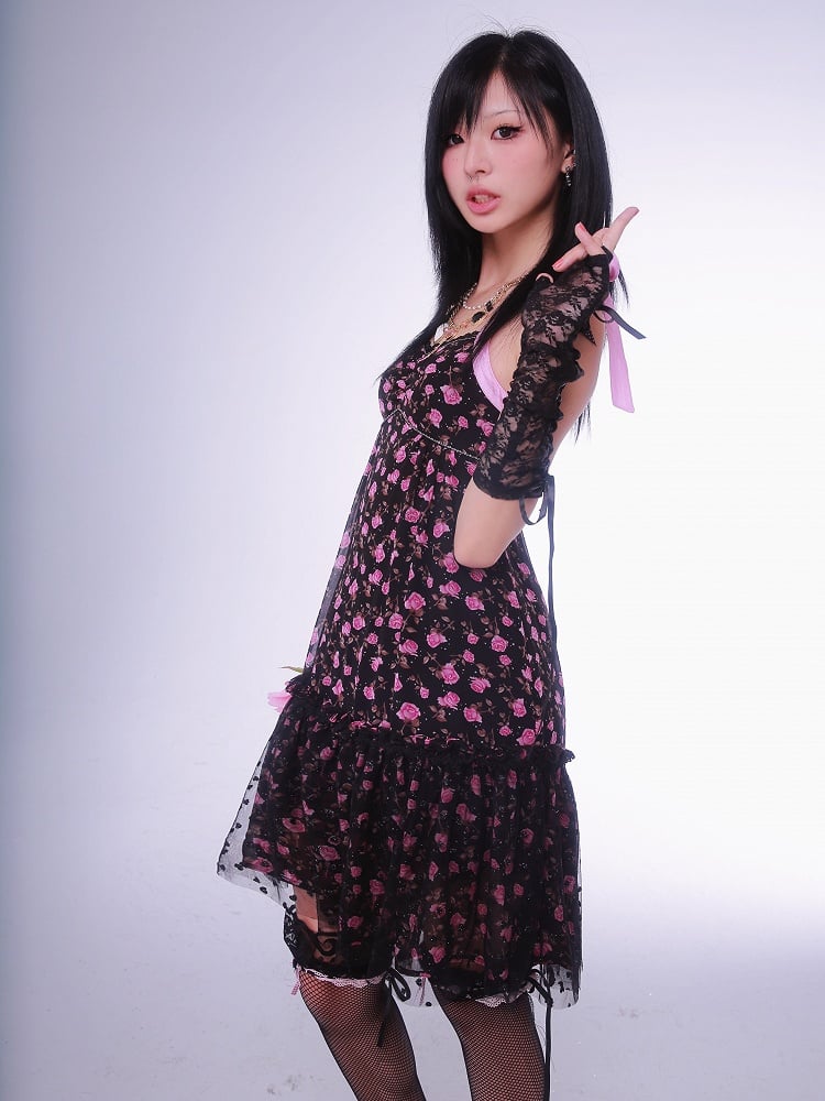 Robe dos nu à imprimé floral noir Gyaru