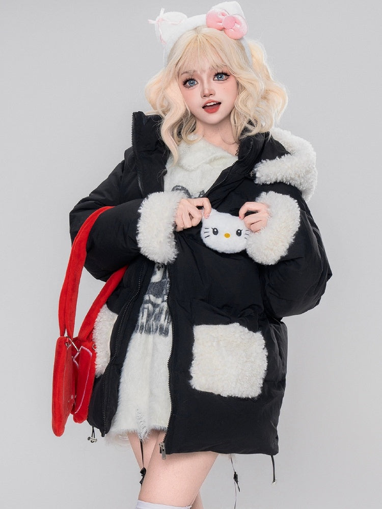 Pink/Black Kitty Adorned Hooded Puffer Jacket Plush Cuffs
