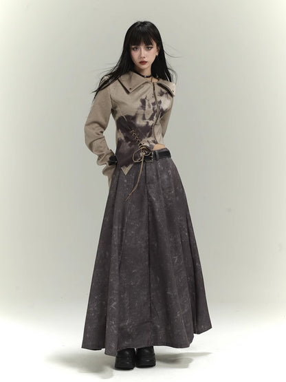 Wasteland Punk Khaki Asymmetrical Hem Cropped Jacket with Lace-up Detail at Front