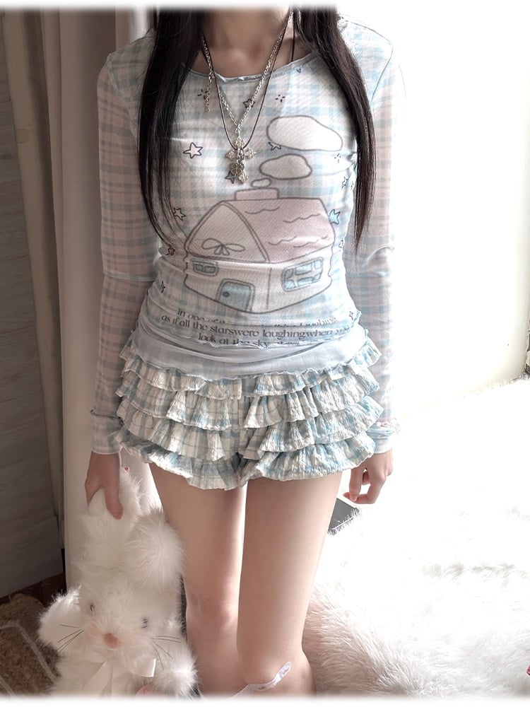 Blue Plaid Pattern Tiered Ruffles Skort House Print Faux Two-Pieces Top/Modal