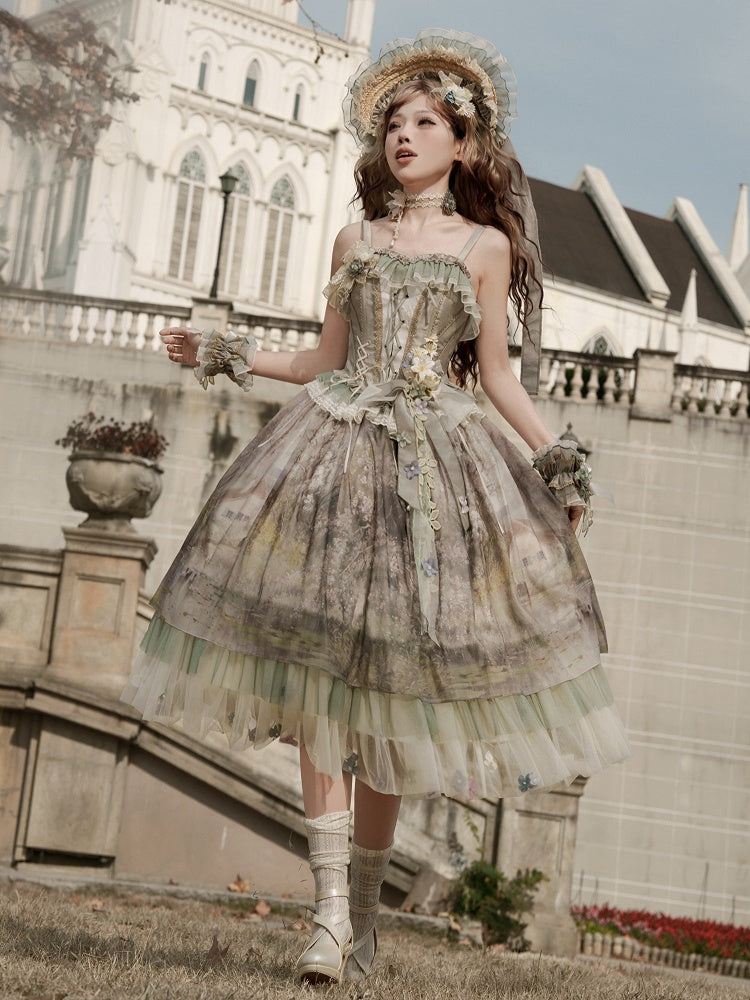 Jupe Lolita en tulle à imprimé floral et peinture à l'huile verte