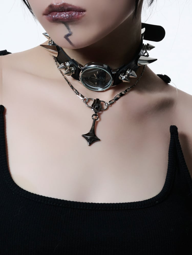 Y2K Black Cyberpunk Metal Clock Double-layered Choker