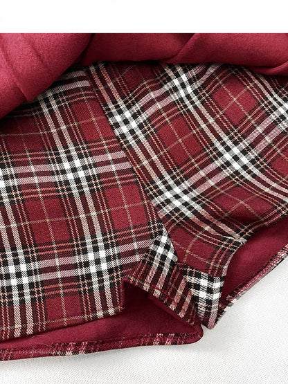 Wine Red Plaid Pattern Pleated Skirt