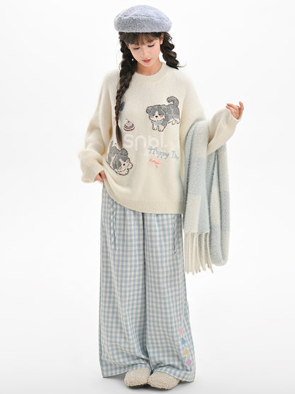 White Cute Puppies Pattern Round Neck Loose Sweater