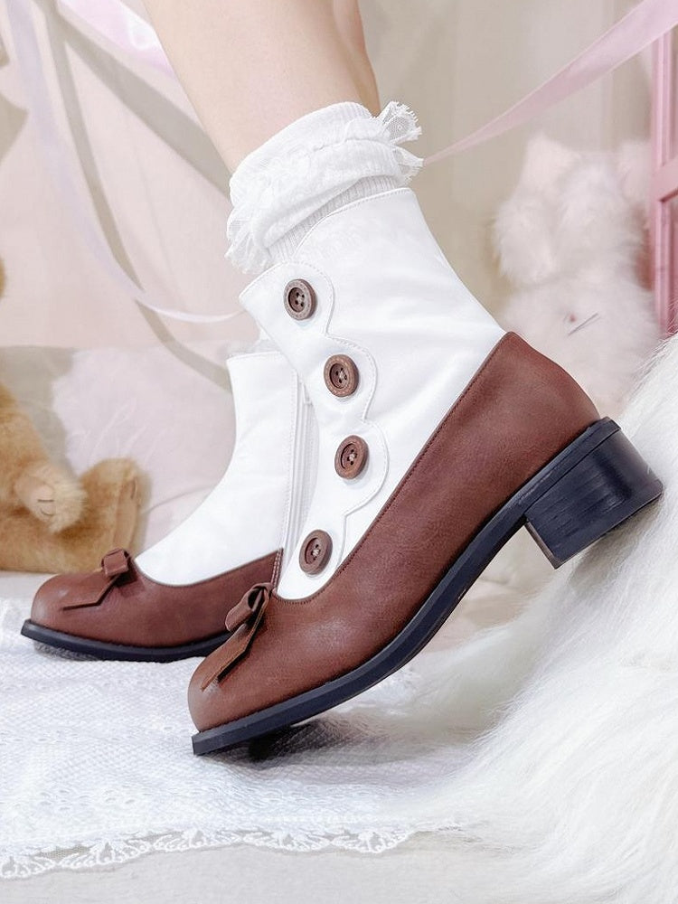 Decorative White Heel Design Lolita Classic Mid with Boots- Brown Buttons