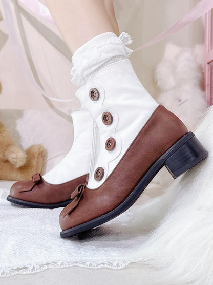 Decorative White Heel Design Lolita Classic Mid with Boots- Brown Buttons