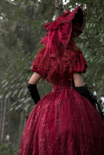 Robe jupe haute-basse brodée d'os de dragon rouge gothique Lolita OP avec superposition de broderie cathédrale