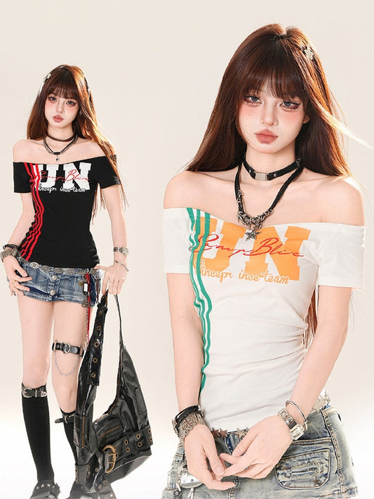 Weiß/Schwarz T-shirt Ausschnitt Brief Druck Off-the-shoulder