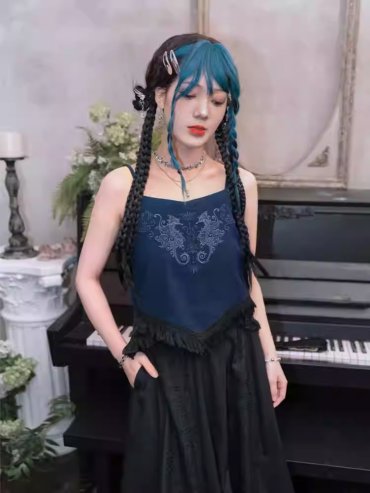 Seahorse Cheongsam Top and Cami Hem Style Tassel Dark Embroidery Coral Blue
