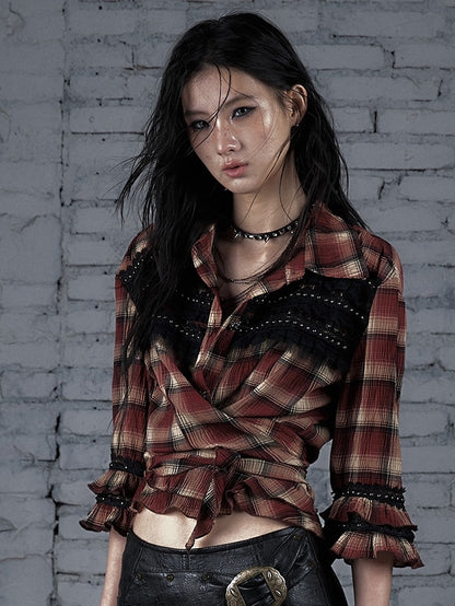 Ödland Hemd Muster Punk Trim Plaid Spitze Rot