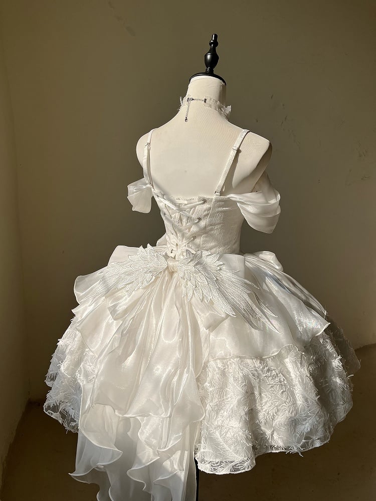 Bust White Swan Fabric Waist Princess 92-96CM Feather Basque Dress Fairy Straps XL Shiro for Lolita Clearance-Size Spaghetti
