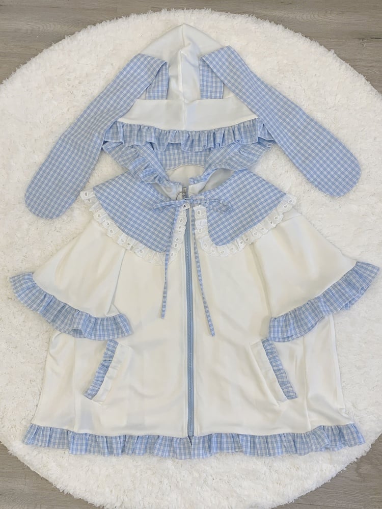 White Blue Plaid Pattern Bunny Ear Full Set