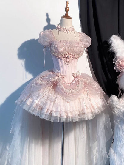 Sleeves Layered Outfit Top Corset Balletcore Ruffle Pink Boned Puff Princess Lolita + Skirt