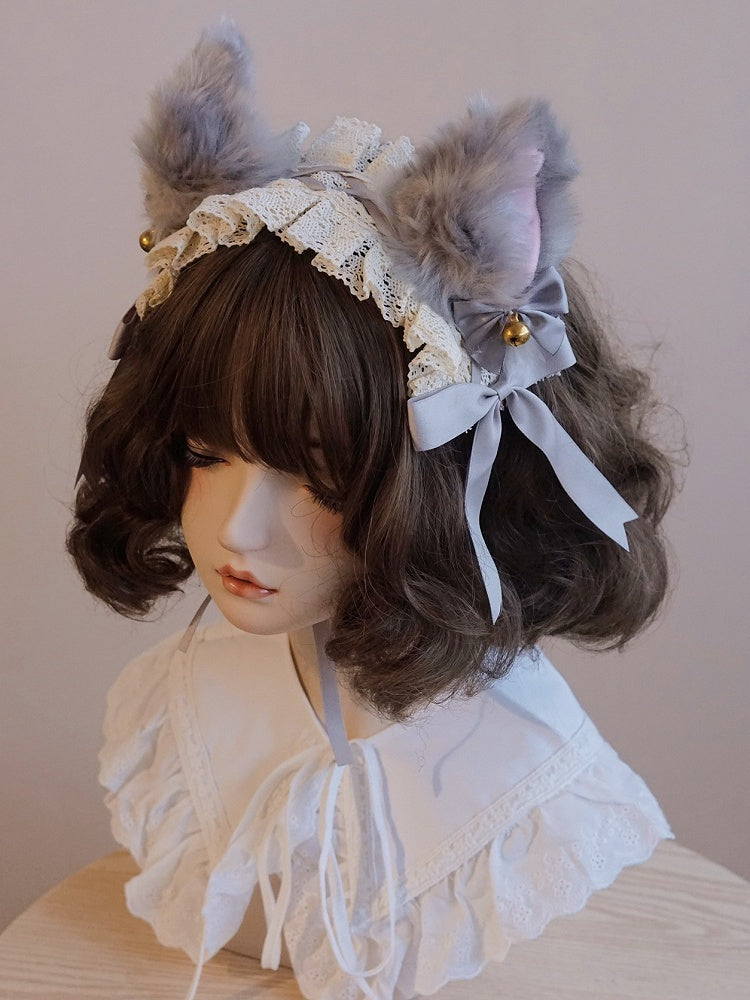 Ear Trim Hairband Lace Fox Bowknot Grey Details Bell Decorated