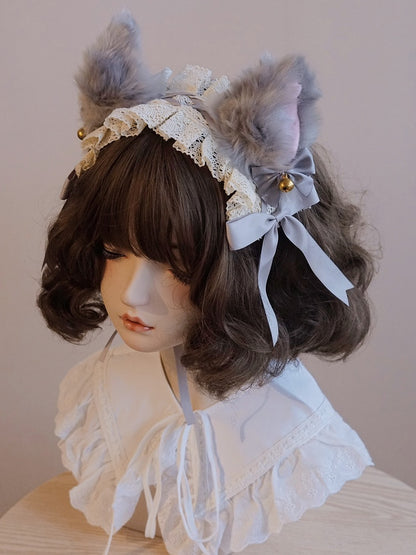 Ear Trim Hairband Lace Fox Bowknot Grey Details Bell Decorated