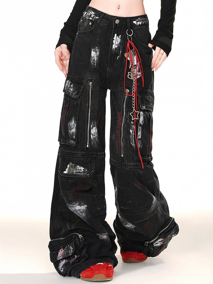 Cut Zipper Black with Wide-leg Cargo Jeans Spray Paint Print Design