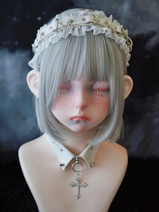White Gothic Cross Stud Ring Buckle Ruffled KC