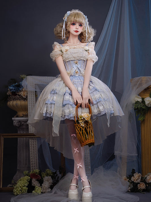 Accents Jacquard Blue Rosette Tiered Balletcore Sweet Lolita Dress Jumper Skirt Fabric