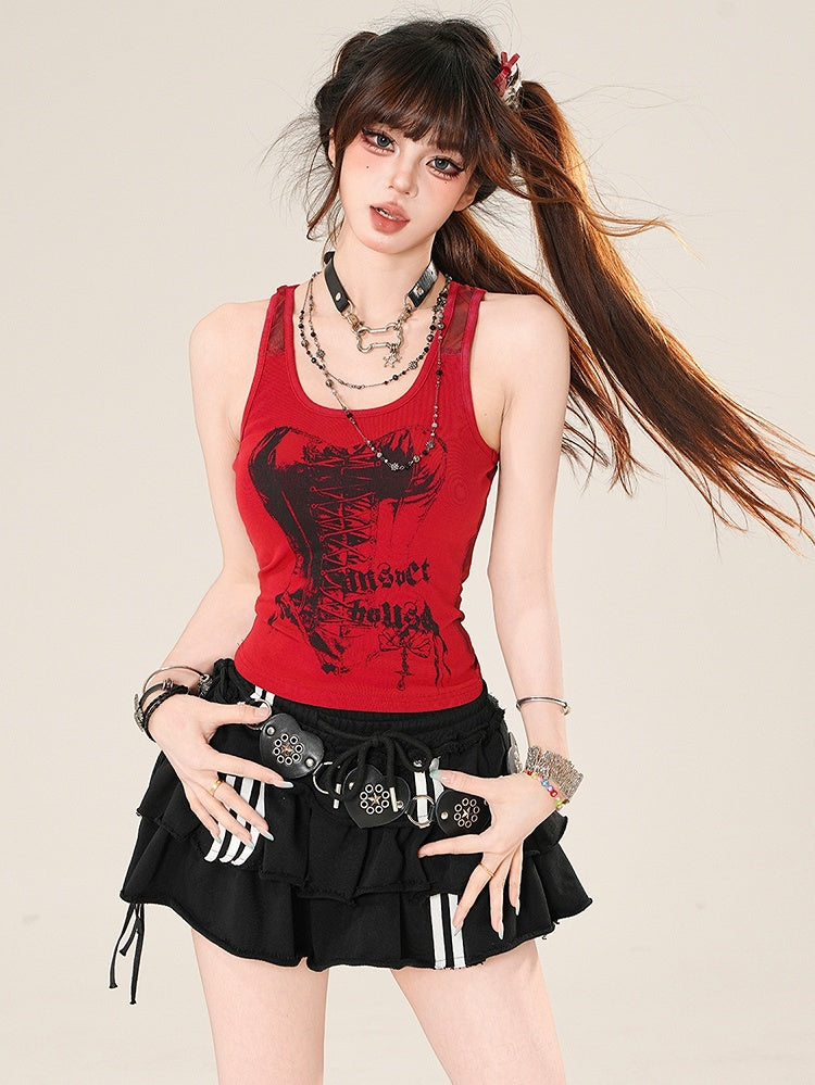 Blue/Red Top Pattern Sleeveless Glamorous And Print Plaid Corset Letter