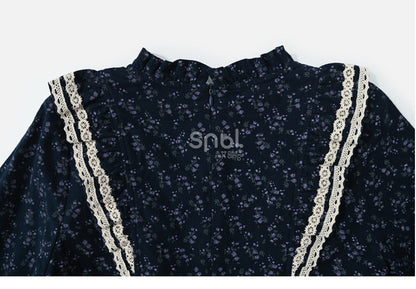 Dark Blue Floral Ruffle Neckline Mori Kei Floral Dress