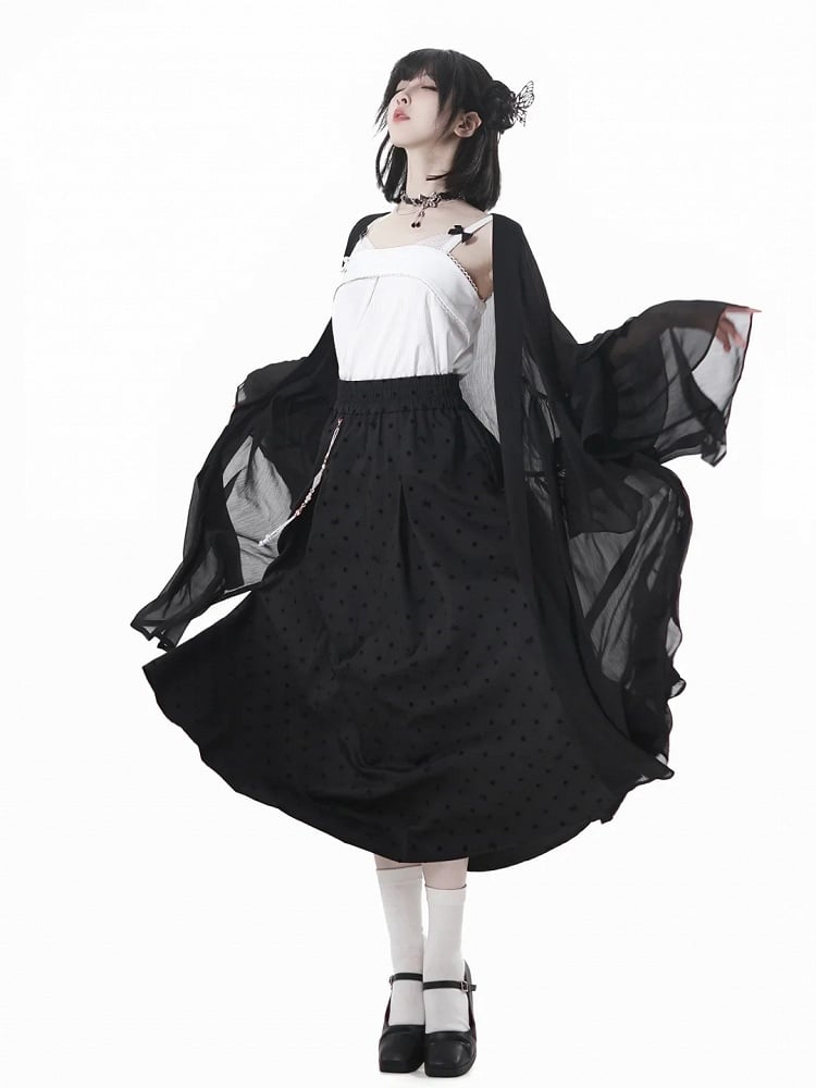 Gepunkteter Rock mit Quastenanhänger, schwarzer elastischer Bund, Cheongsam-Stil