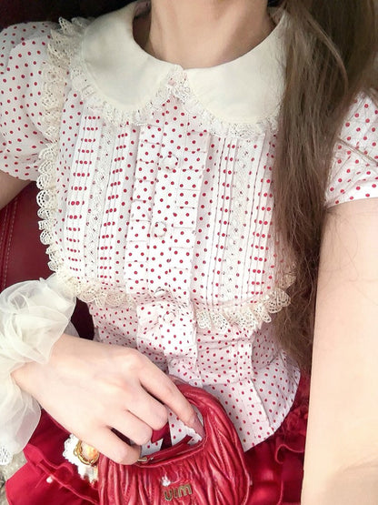 Polka mit Baumwolle Rote Bluse Punkt Akzente Weiß Dollcore