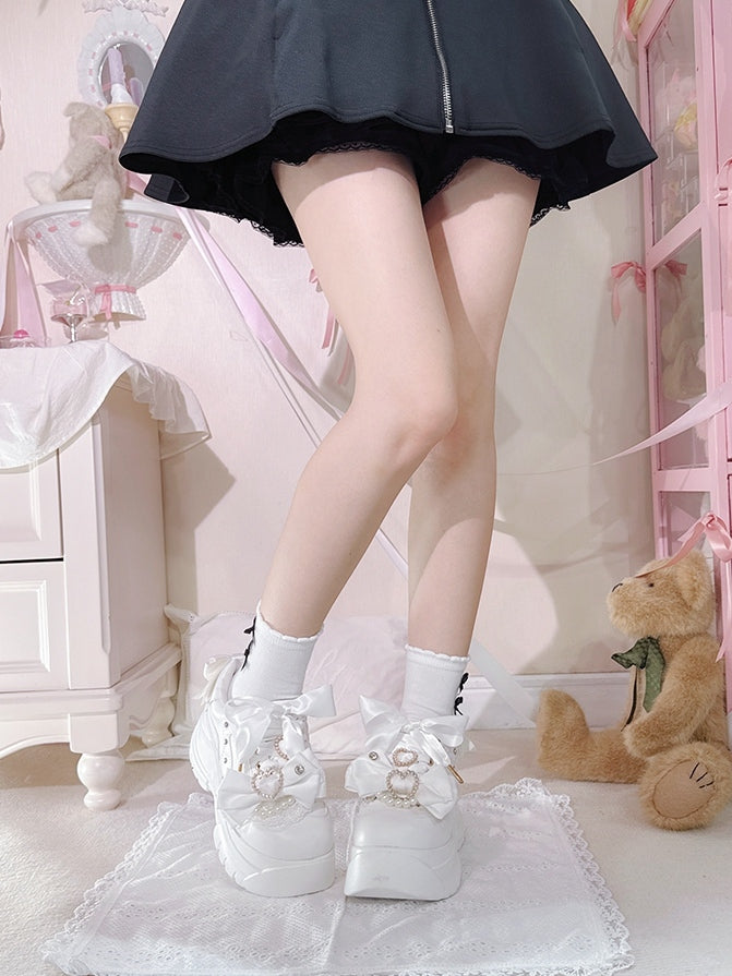Beaded Platforms White PU Lace-Up Sparkling Jirai Rhinestone Heart Kei Detachable Leather - Bow Decor