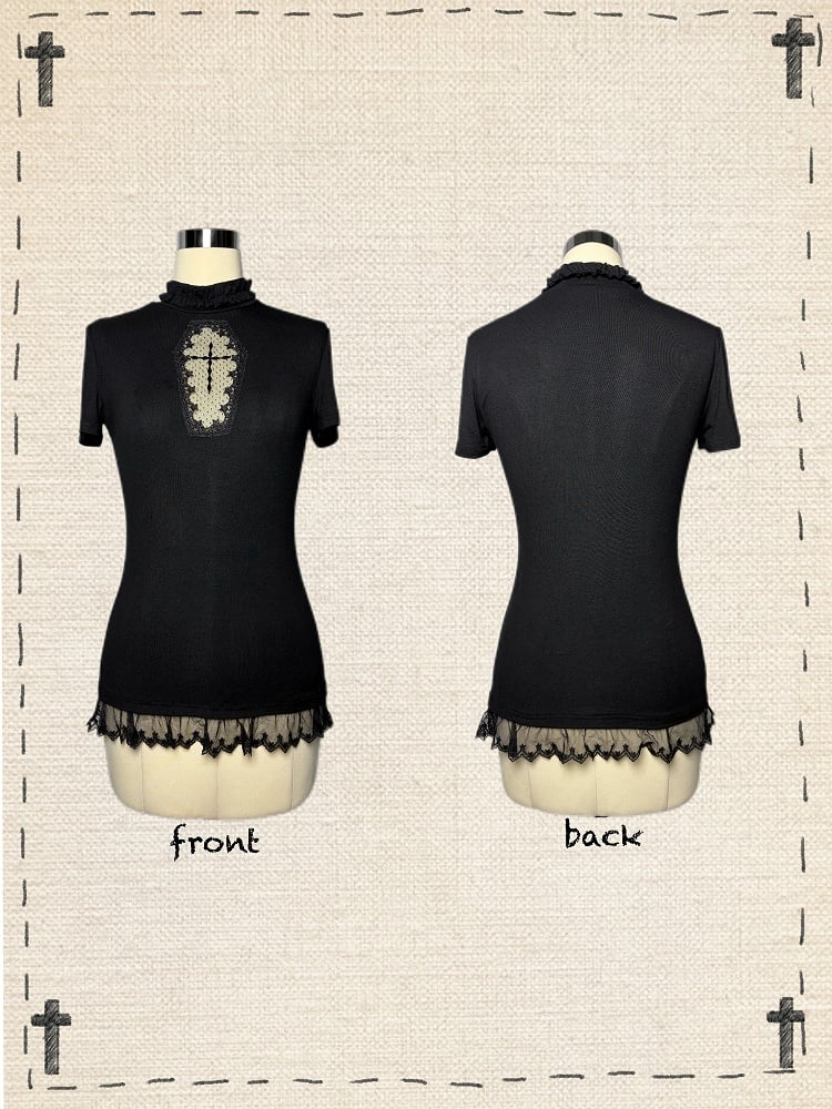 Gothic Black/White Mock Neck Coffin-Shaped Cutout T-Shirt