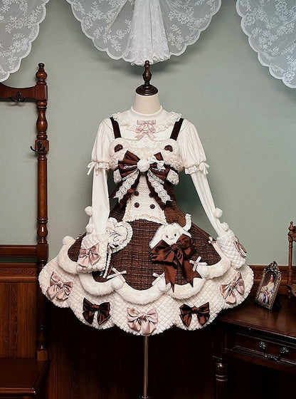 with Top Beige Sleeves Bows Knitted Long Pom-poms and