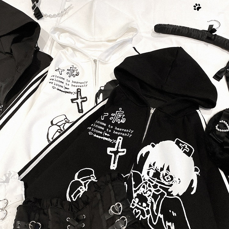 Jirai Kei White/Black Yami Kawaii Angel Girl Zip Hoodie