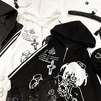 Jirai Kei White/Black Yami Kawaii Angel Girl Zip Hoodie