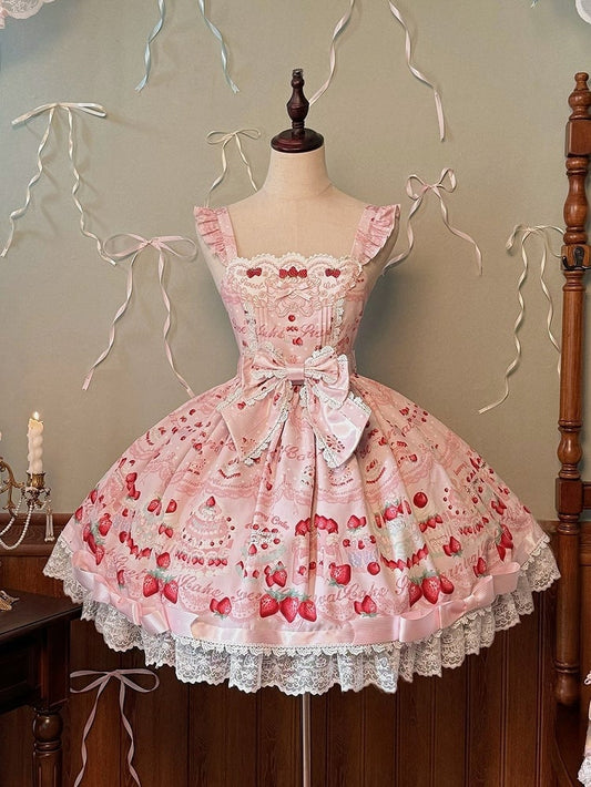Süßer Kuchenpullover mit Erdbeerdruck und Kleidrock, Lolita, Pink, süß