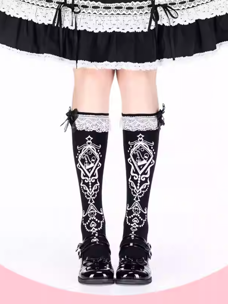 Black Ruffled Lace Cuff Printed Lolita  Under Knee Stockings
