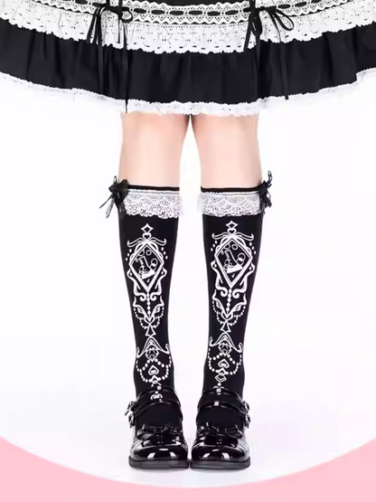 Black Ruffled Lace Cuff Printed Lolita  Under Knee Stockings