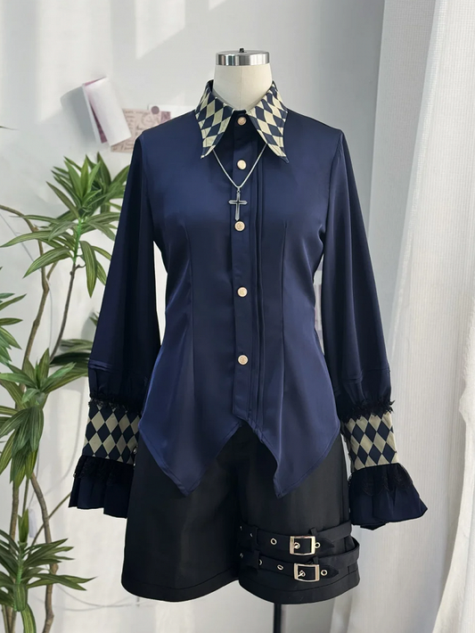 Cuffs Lolita Sleeves Royal Blue Circus Print Collar Ouji Long and Vibes Shirt Checkerboard