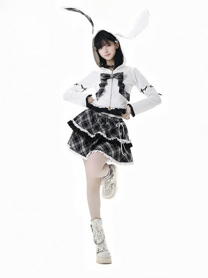 Lace-up Lace Trim Bunny Ears White/Black Design Hood Zip Closure Hoodie Sleeves Detachable