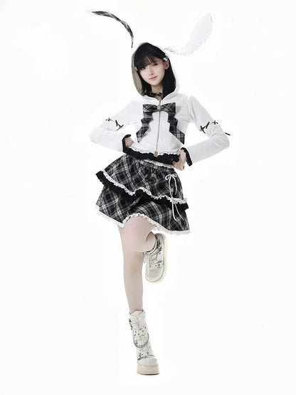 Ruffled Lace Trim Bowknot Details Tiered Skirt Black Plaid