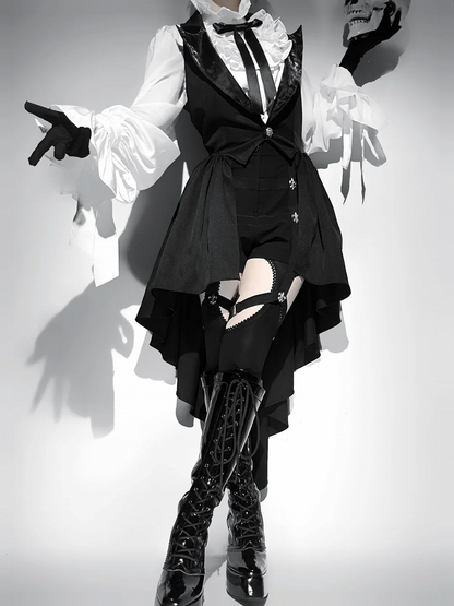 Black Blazer Lolita Prince Ouji Waistcoat Cascading Ruffle Collar Tailed