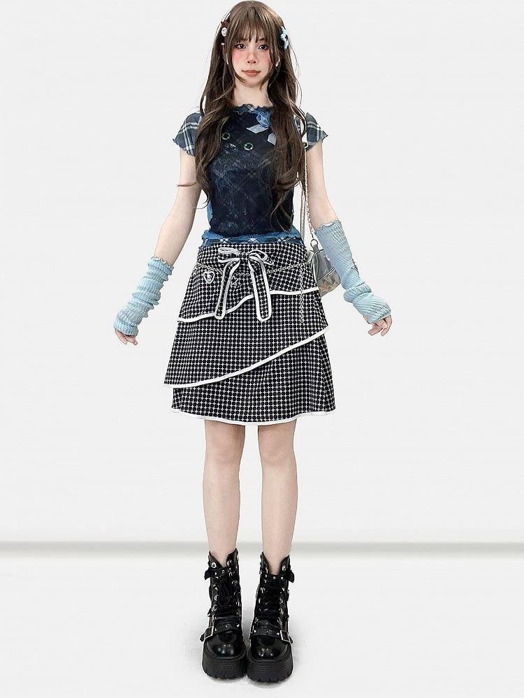 Decorated Bittersweet Tiered Plaid Bowknot Pattern Y2K Black