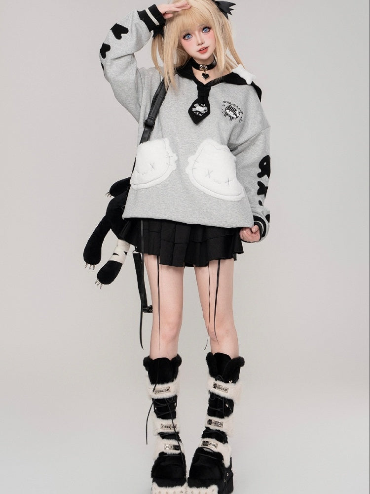 Blue/Black Kitty Embroidery Sailor Collar Sweatshirt