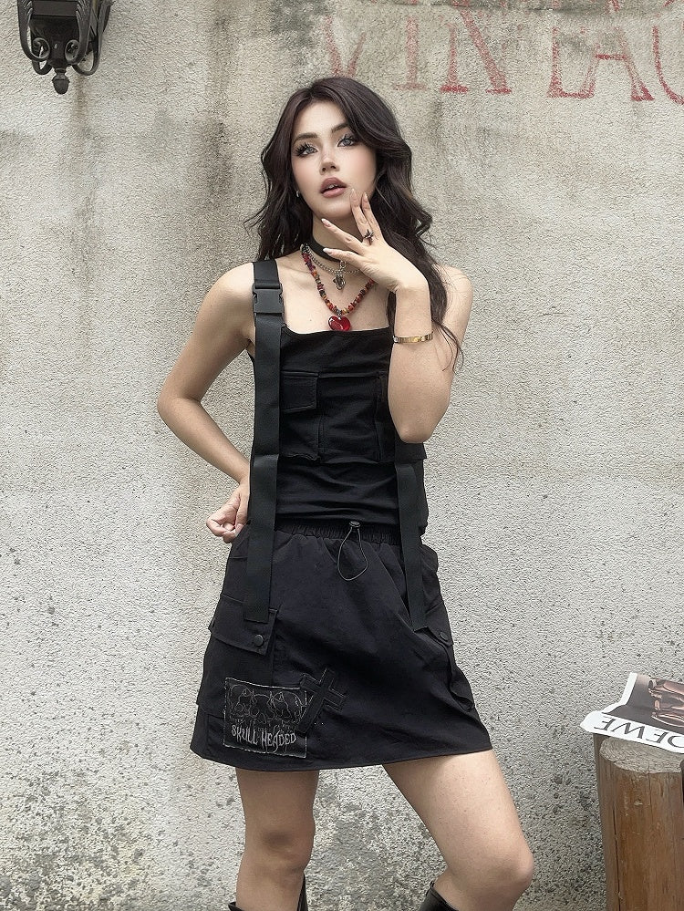 Cargo-Taschenrock mit Kreuz- und Skelett-Applikationen, Kordelzug, schwarze Taille