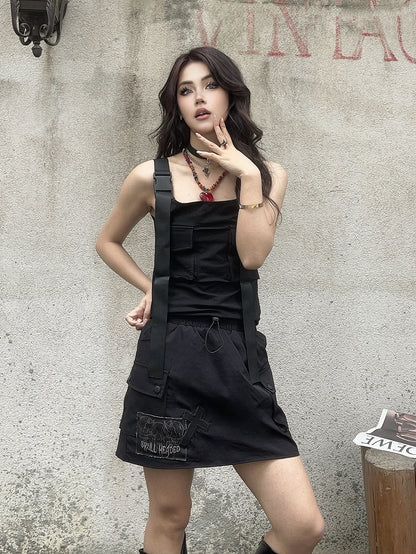 Cargo-Taschenrock mit Kreuz- und Skelett-Applikationen, Kordelzug, schwarze Taille