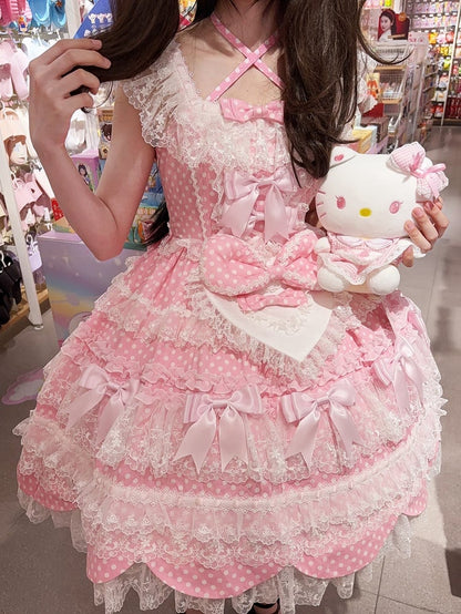 Sweet Bow Pink Dress Dots Lolita Polka Skirt Pattern Jumper School Accents Old