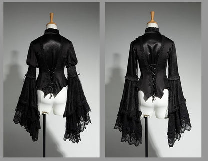 Neck Aristocrat Patched Fashion Lace Sleeves Black Shirt Ouji Bell Lolita Ruffled